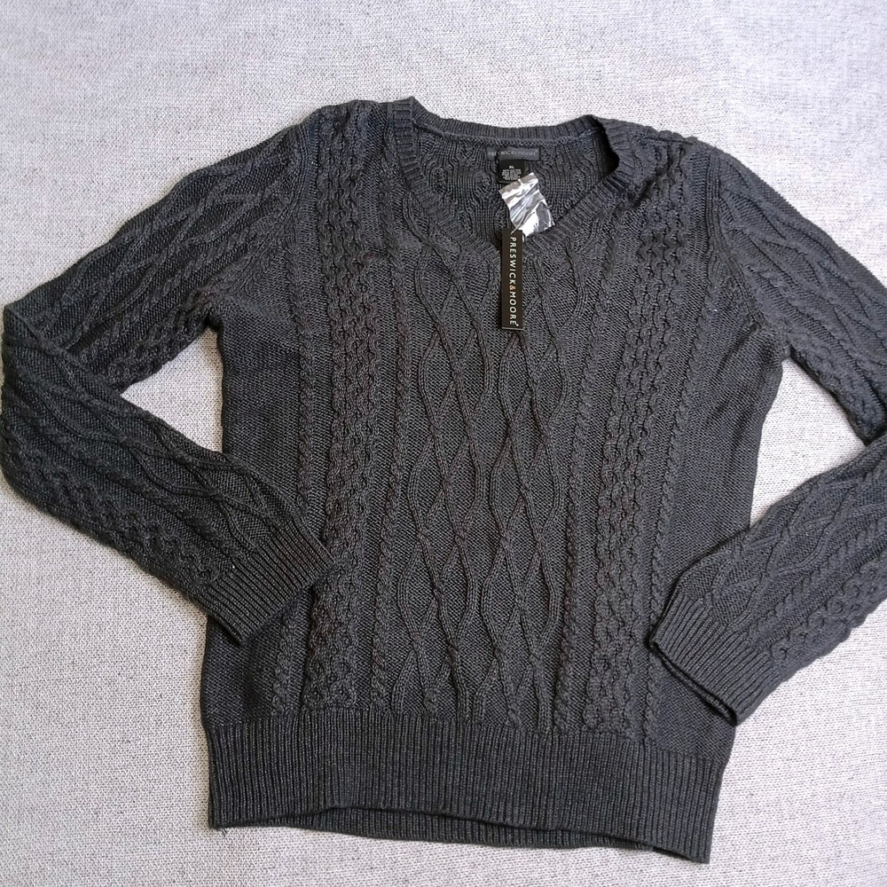 Preswick & Moore V-Neck Sweater Womens XL Grey New Cable Knit Cotton Blend